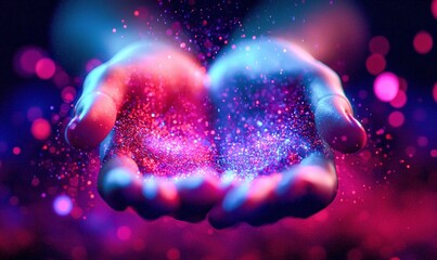 Poster - A person holds shimmering glitter in their cupped hands, bathed in vibrant pink and blue light.