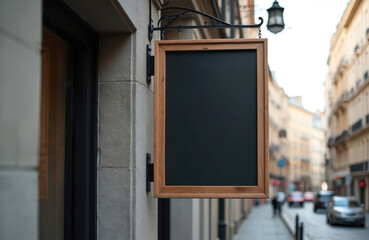 Aufkleber - Blank store signage mockup isolated. Signboard for logo presentation. Wooden frame hanging on wall. Clear shop template. Black rectangle on blurred city street background. Modern business sign, empty