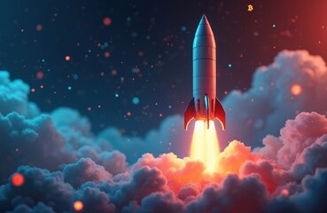 Poster - Illustration of rocket launch with clouds and bitcoin symbol in dark sky. The spaceship flies into space with a fiery trail. Startup, blockchain, crypto illustration, new business launch.