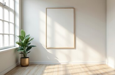 Poster - Bright empty room interior. Large window provides natural light, illuminating wooden floor. Blank poster with frame for brand advertising. Decorative houseplant decorates space near wall.