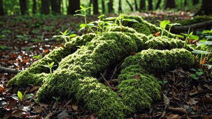Poster - Lush green moss covering forest floor with sunlight filtering through trees