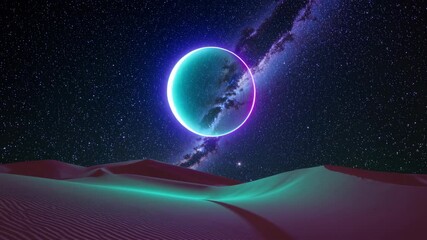 Poster - Night desert with neon moon and stars, surreal landscape. Futuristic fantasy concept