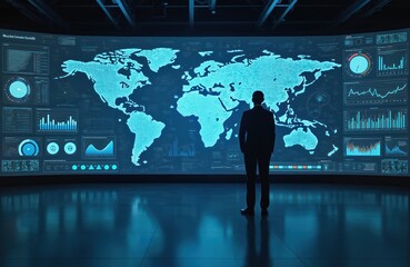Poster - man looks at digital screen displaying world map, real-time data analytics, predictive modeling. sof