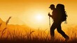© vixer.std - Silhouette of a Hiker with Backpack at Sunset in Mountainous Landscape