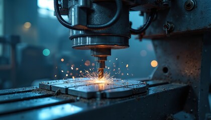 Aufkleber - Close-up CNC drilling machine processes metalwork, creating sparks. Automated industrial factory production. Engineering precision equipment, metal machining, metalwork manufacture, heavy industry,