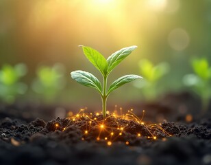 Aufkleber - Small plant sprouts from soil with technological glowing network. New technology growth concept, digital transformation in agriculture, smart farming, sustainable eco-friendly solutions. Future