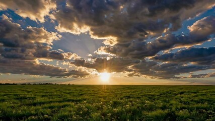 Wall Mural - Dramatic sunset over green field with clouds and golden sunlight. Nature beauty concept