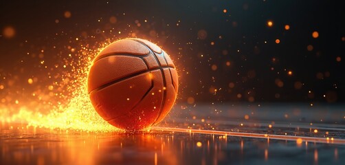 Poster - Abstract digital art glowing basketball on dynamic dark background. Energetic swirl motion. Vibrant, creative, tech, modern composition. Innovative design, orange light. Conceptual power flow with