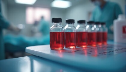 Poster - Fluid filled vials set on table during procedure in hospital room. Various medical equipment at healthcare facility in science research laboratory experiment. Red bone marrow transfusion for