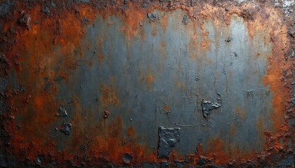 Poster - Grunge metal texture with layers of rust, tarnish. Scratched, weathered surface. Old iron steel plate with corrosion, paint residues, flakes. Perfect for urban decay, industrial abstract backgrounds.