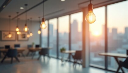 Poster - Blurred background of modern office interior with panoramic windows elegant lighting. Open workspace with tables, chairs. Blurry city view during sunset. Pendants lamps provide warm light.