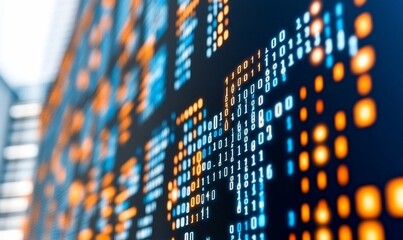 Abstract digital code matrix glowing in blue and orange