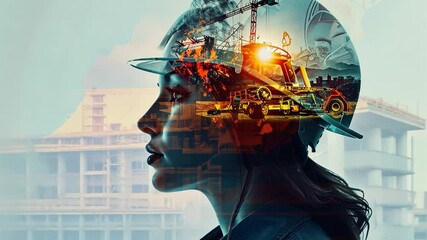 Poster - woman profile in construction integration of engineering, industry, and progress with cranes, buildi