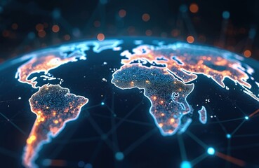Poster - Worldwide digital connections represented by illuminated continents, vibrant data pathways, global interconnectivity at night. Communication, tech infrastructure, information exchange on Earth