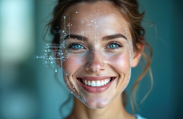 Fototapete - Close-up of smiling woman with facial recognition tech. Biometric data, face scanning, digital id concept. Augmented reality, artificial intelligence. Beautiful model shows innovative face