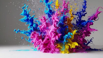 Aufkleber - Dynamic explosion of blue, pink, and yellow paint splashes, abstract art concept