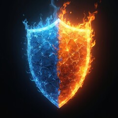Poster - Illustration of shield in clash of ice and fire on black background. Fire flames and crystal texture. Ai generated blue and orange design on protection armour for security, defense, gaming.