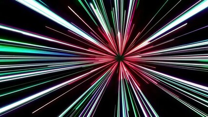 Poster - Colorful light beams radiating through space on black background. Futuristic concept
