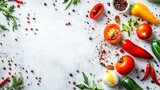 Fresh vegetables, herbs & spices on light background.