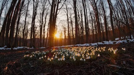 Poster - Snowdrops blooming in forest at sunset with snow patches. Spring awakening concept
