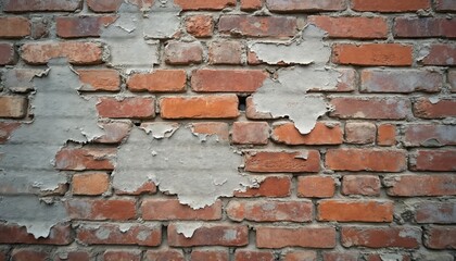 Fototapete - Weathered brick wall exhibits peeling paint, grunge texture. Urban decay design shows distressed brickwork. Rustic old vintage abstract architecture, construction elements suitable for industrial