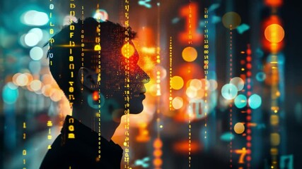 Poster - silhouette of person amidst bokeh lights and digital binary code exploring intersection of technolog