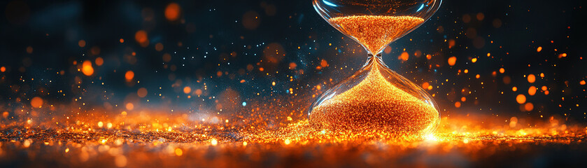 Poster - Captivating hourglass flowing with golden sand studio shot abstract art dramatic lighting close-up perspective
