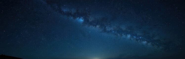 Aufkleber - Starry Milky Way at clear dark blue night sky. Star dust nebula exposure. Deep universe space galaxy view from stratosphere, milky way cosmic starlight background, panorama.