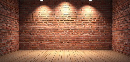 Leinwandbilder - Brick wall stage with wooden floor illuminated by spotlights provides neutral product presentation background. Interior design with brickwork, wood planks. Stand up showcase, exhibition mock-up