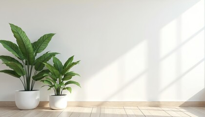 Aufkleber - Bright empty room with two potted plants. Scandinavian interior with white wall, parquet floor, window light creating relaxing atmosphere. Modern apartment with minimalist design, decor, indoor