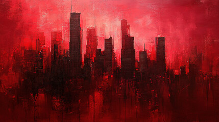 Poster - Urban nightscape action city skyline digital art vibrant red panoramic viewpoint abstract concept