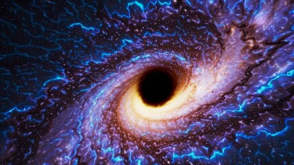 Dynamic swirling black hole with vibrant blue and purple colors, cosmic concept