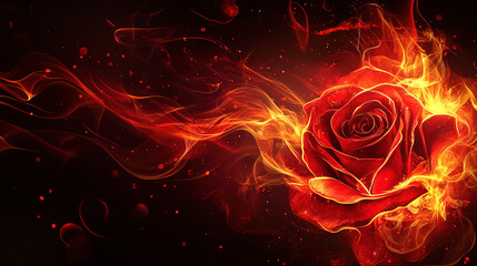 Poster - Fiery blooming rose with flames surreal art composition dark background abstract concept