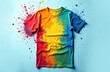 © miss irine - Rainbow t-shirt with vibrant colorful splashes on blue background. Artistic design element. Trendy fashion print for clothes, image for printing on fabrics, grunge wallpaper. Stylish graphic