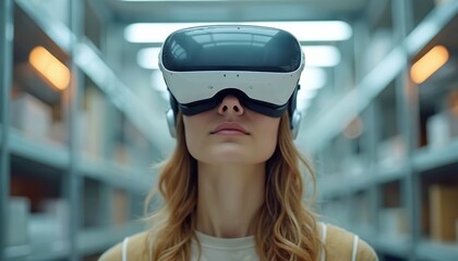 Fototapete - Woman wearing virtual reality headset indoors. Blonde hair, futuristic workspace tech environment. Immersion in vr, metaverse experience. Modern technology, innovation, human exploration of digital