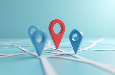 Aufkleber - 3D render of red locator, blue location pins on navigator map for search concept. Navigation app symbol design for travel direction, delivery service route, modern tech transport.