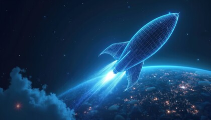 Poster - Digital rocket orbits Earth in space. Wireframe spaceship illustration on abstract dark blue background. Space exploration, future tech, global connection concepts. Galaxy, cosmos exploration. Space
