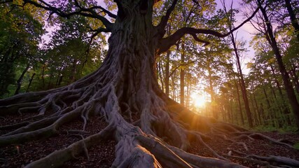 Poster - Majestic tree with sprawling roots at sunrise in a forest, nature beauty concept