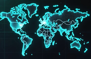 Fototapete - World map in digital format with connection lines shows global connectivity, interaction. Cyber-restructured continents, three-dimensional geography, cyberspace interaction. Planet earth,