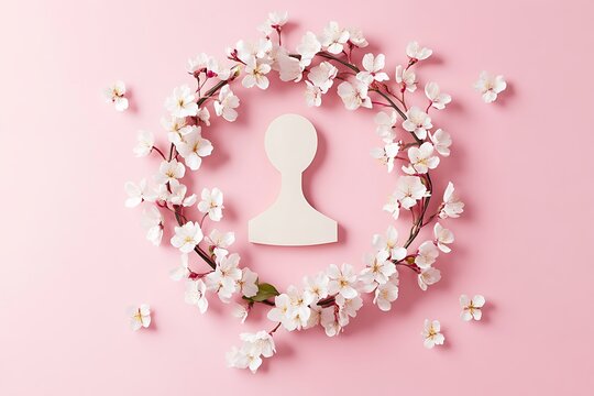 Pink background with a white cherry blossom wreath and a stamp in the center, a pink color scheme, simple, cute, flat design, minimalism