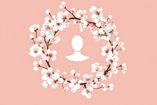 A high-quality International Women's Day design featuring a beautifully arranged floral wreath encircling a subtle yet bold female symbol. White cherry blossoms bloom gracefully against a soft pink ba