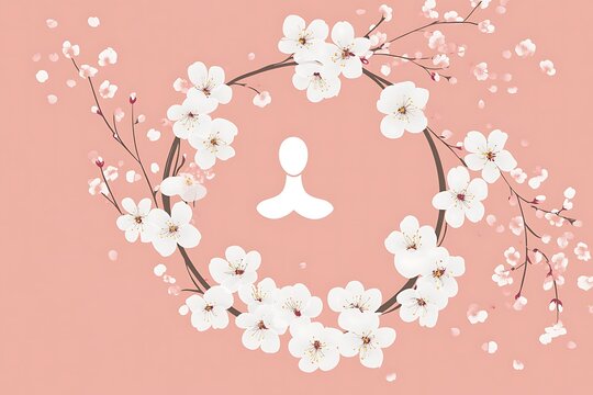 A high-quality International Women's Day design featuring a beautifully arranged floral wreath encircling a subtle yet bold female symbol. White cherry blossoms bloom gracefully against a soft pink ba