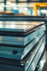Poster - Stacked metal sheets in a busy industrial workshop