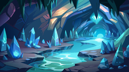 Wall Mural - mystical cave illuminated by glowing crystals, with an underground river flowing gently and shadows dancing on the ancient rock walls.