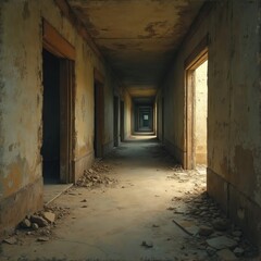 Poster - Journey through time exploring abandoned hallway. Photo shows old building interior with corridor perspective, depth, light, shadow play. Antique vintage design structure with empty space, decay,