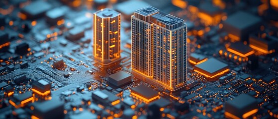 Poster - Futuristic cityscape on a microchip with glowing lights