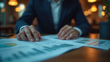 Poster - Close up of hands reviewing central bank annual report, analyzing graphs, charts, diagrams. Banking, financial analyst studies monetary policy, market data, economic trends, investment, capital