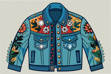 Poster - Intricate vector illustration of a floral embroidered denim jacket showcasing vibrant colors and detailed patterns