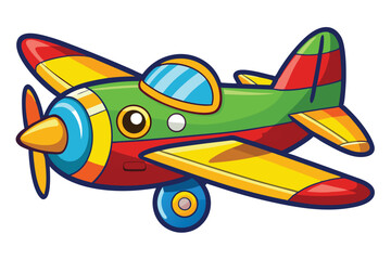 Poster - Colorful vector illustration of a playful cartoon airplane with big eyes, a smiling face, and vibrant colors set against a solid blue background