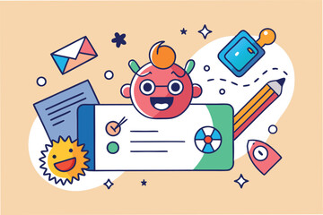 Poster - Creative vector illustration featuring a playful logo design with bright colors, engaging elements, and a whimsical character in a vibrant background
